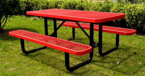 A Red Picnic Table With Benches