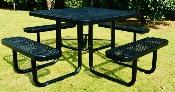 A Steel Square Black Picnic Table With Benches