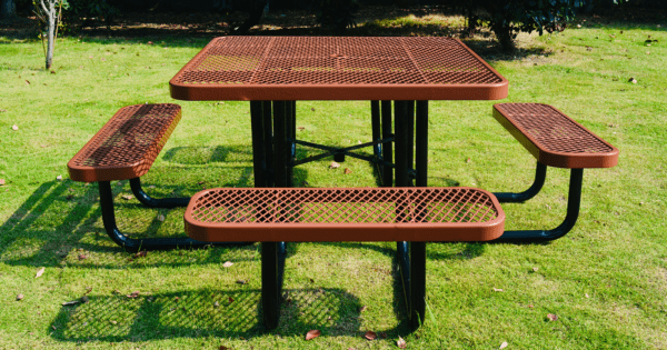 A Steel Square Brown Picnic Table With Benches