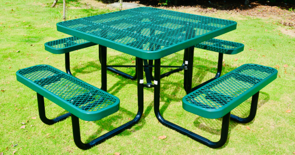 A Steel Square Green Picnic Table With Benches